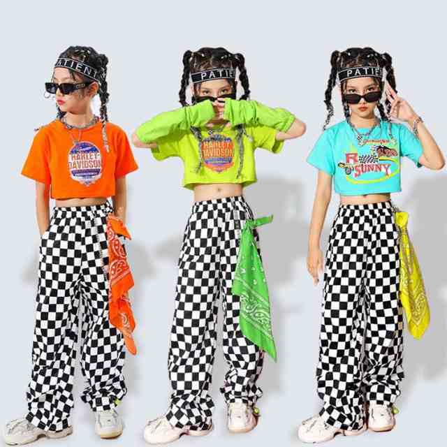 チェック柄 キッズ ダンス衣装 セットアップ 女の子 緑 おしゃれ かっこいい ファッション 白 ショート トップ へそ出し 肩だし 袖 シャツ トップス ロングパンツ 応援団 チアガール jazz 