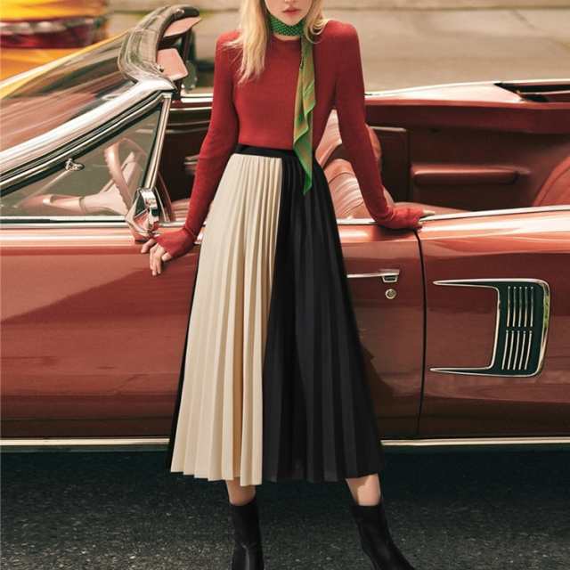 レディース ボトムス スカート ワイド プリーツ バイカラー 切り替え 女性用 ロング丈 ハイウエスト 個性的 クラシカル 上品 クール 主役