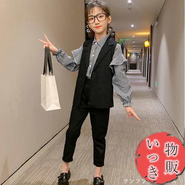 卒業式 パンツスーツ 人気商品 おしゃれ カジュアル 女の子 チェック 柄 フォーマル 韓国 子供スーツ ブラウス ベスト パンツ 大人っぽ